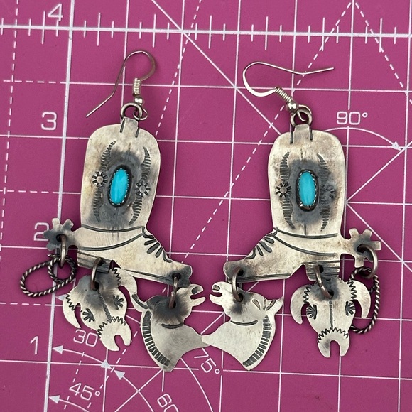 Navajo turquoise Yazzie statement cowboy boot sterling silver earrings - Picture 5 of 6